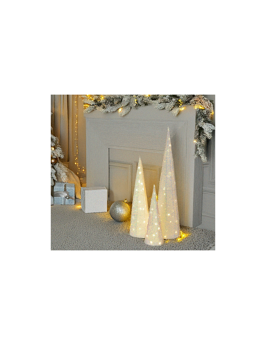 LUCI DI NATALE: vendita online Set 3 Coni di Natale IWR 3D H80-60-40cm, Tessuto Bianco Iridescente, 120 LED Bianco Caldo, Tim...