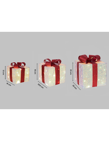 LUCI DI NATALE: vendita online Set 3 Pacchi Regalo di Natale IWR 3D 25-20-15cm, Tessuto Bianco Iridescente, 60 LED Bianco Cal...