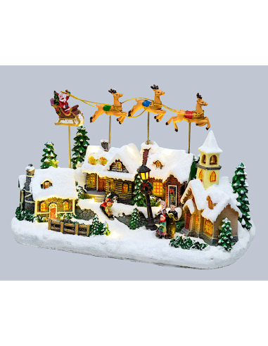 VILLAGGIO 76747 INNEVATO CON CHIESA E BABBO NATALE SU SLITTA