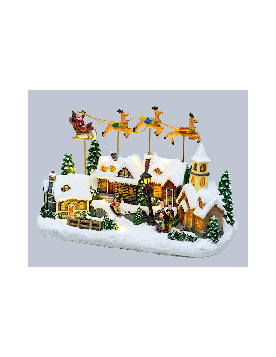 GIOSTRINE E VILLAGGI: vendita online Villaggio di Natale Innevato con Chiesa 34x23cm, Babbo Natale su Slitta Volante, Renne i...