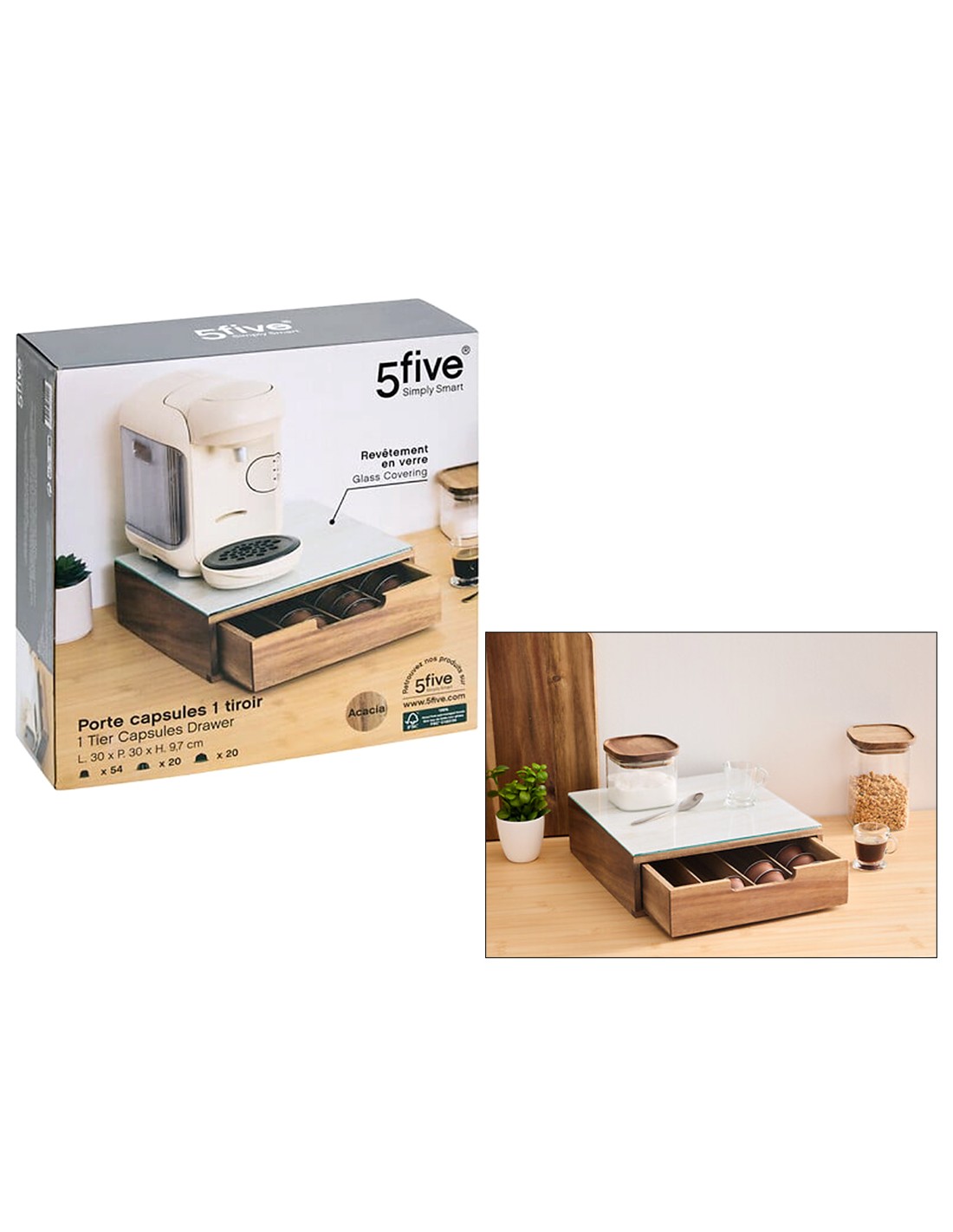 Porta Capsule con 1 Cassetto in Acacia e Vetro Beige | Shopincasa.it