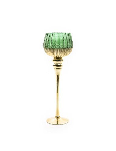 PORTACANDELA VETRO ORO/VERDE 13X40CM