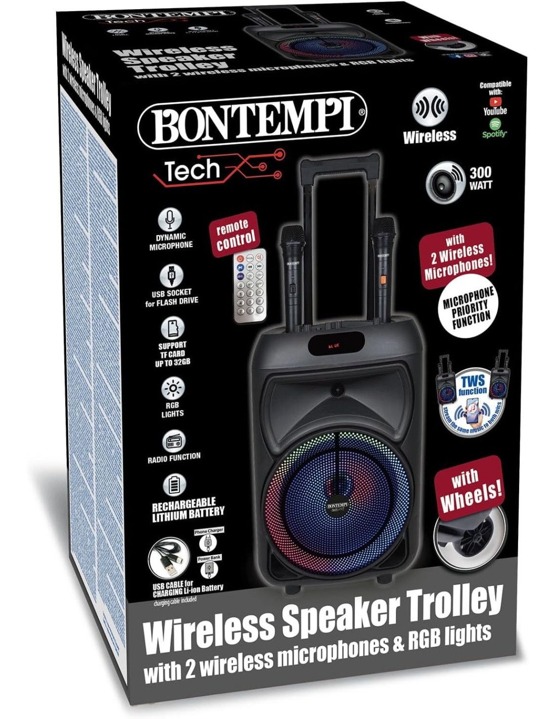 Cassa Trolley Acustica Wireless 2 microfoni luci RGB | shopincasa.