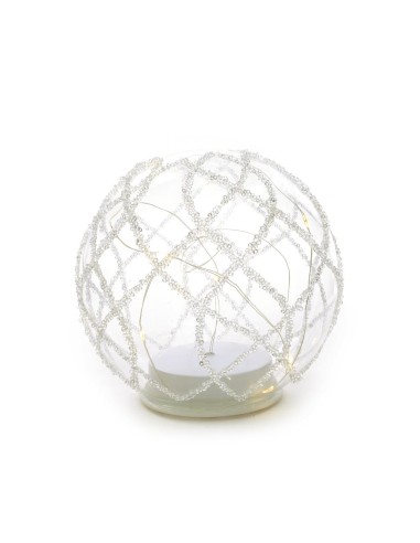 SFERA VETRO 15CM CON PERLINE E LUCI A BATTERIA