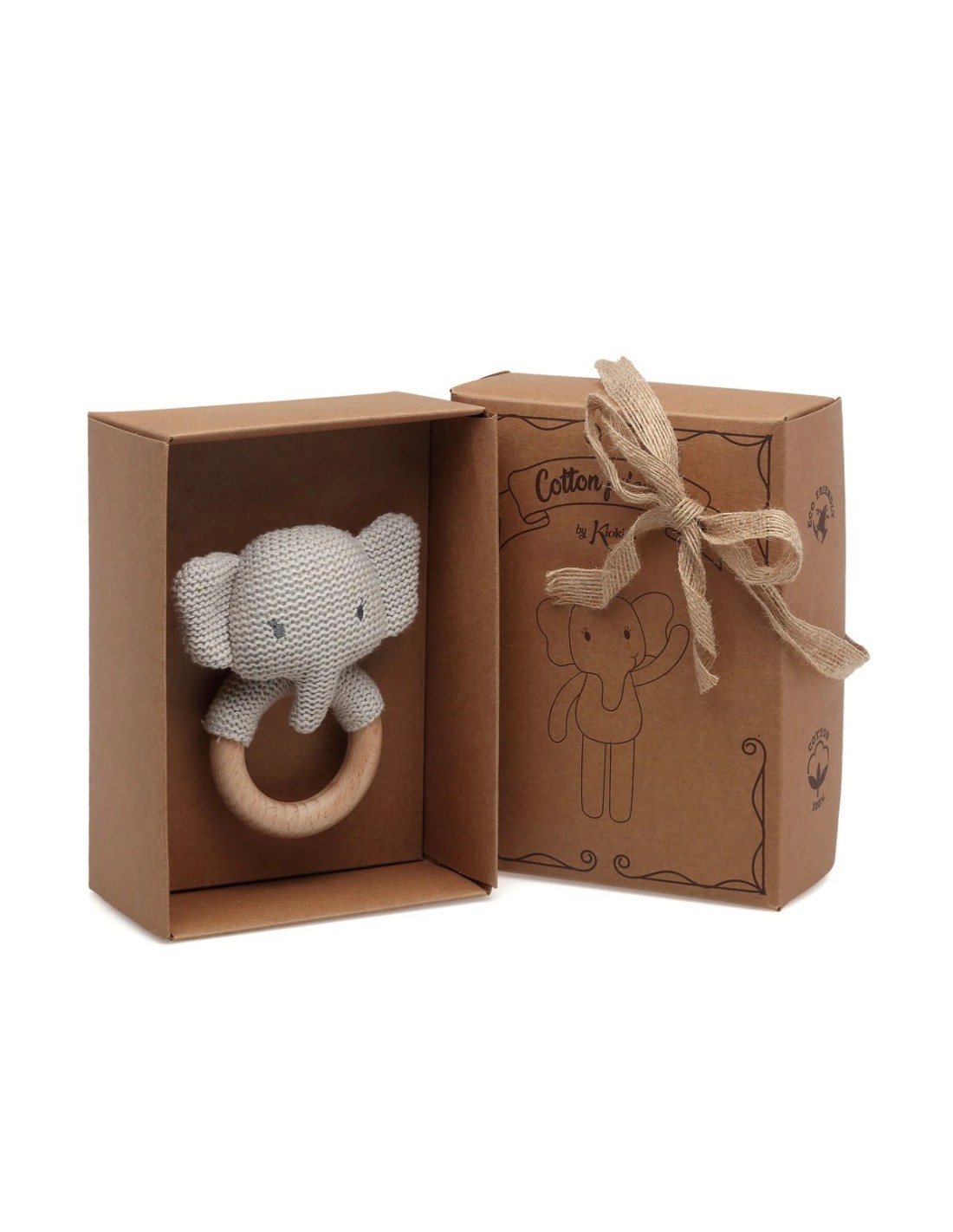 Elefante Massaggiagengive e Sonaglio in Cotone e Legno – Sicuro e Eco-Friendly