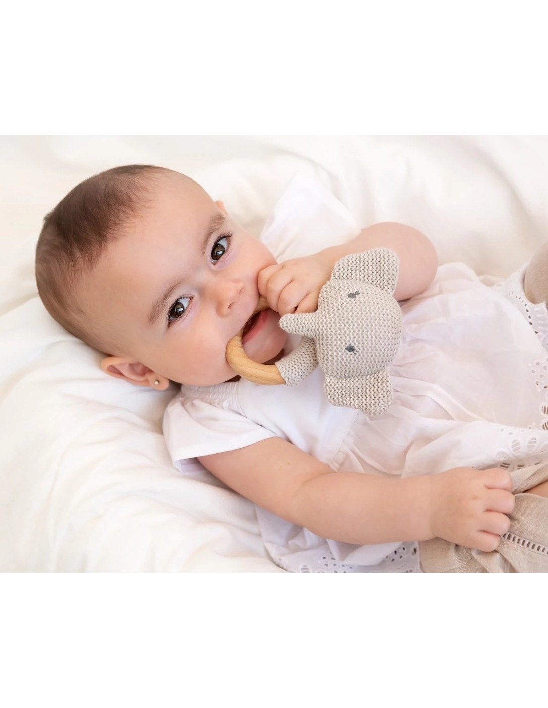Elefante Massaggiagengive e Sonaglio in Cotone e Legno – Sicuro e Eco-Friendly