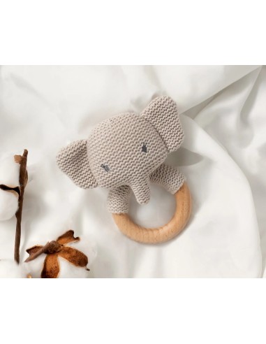 Elefante Massaggiagengive e Sonaglio in Cotone e Legno – Sicuro e Eco-Friendly