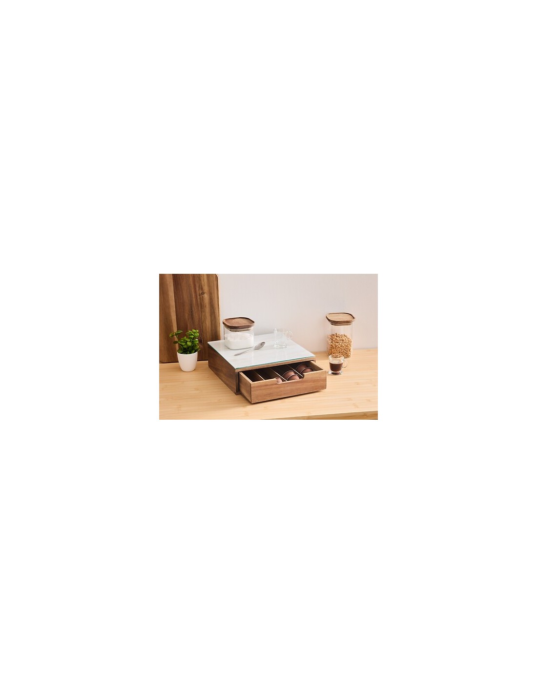 Porta Capsule con 1 Cassetto in Acacia e Vetro Beige | Shopincasa.it