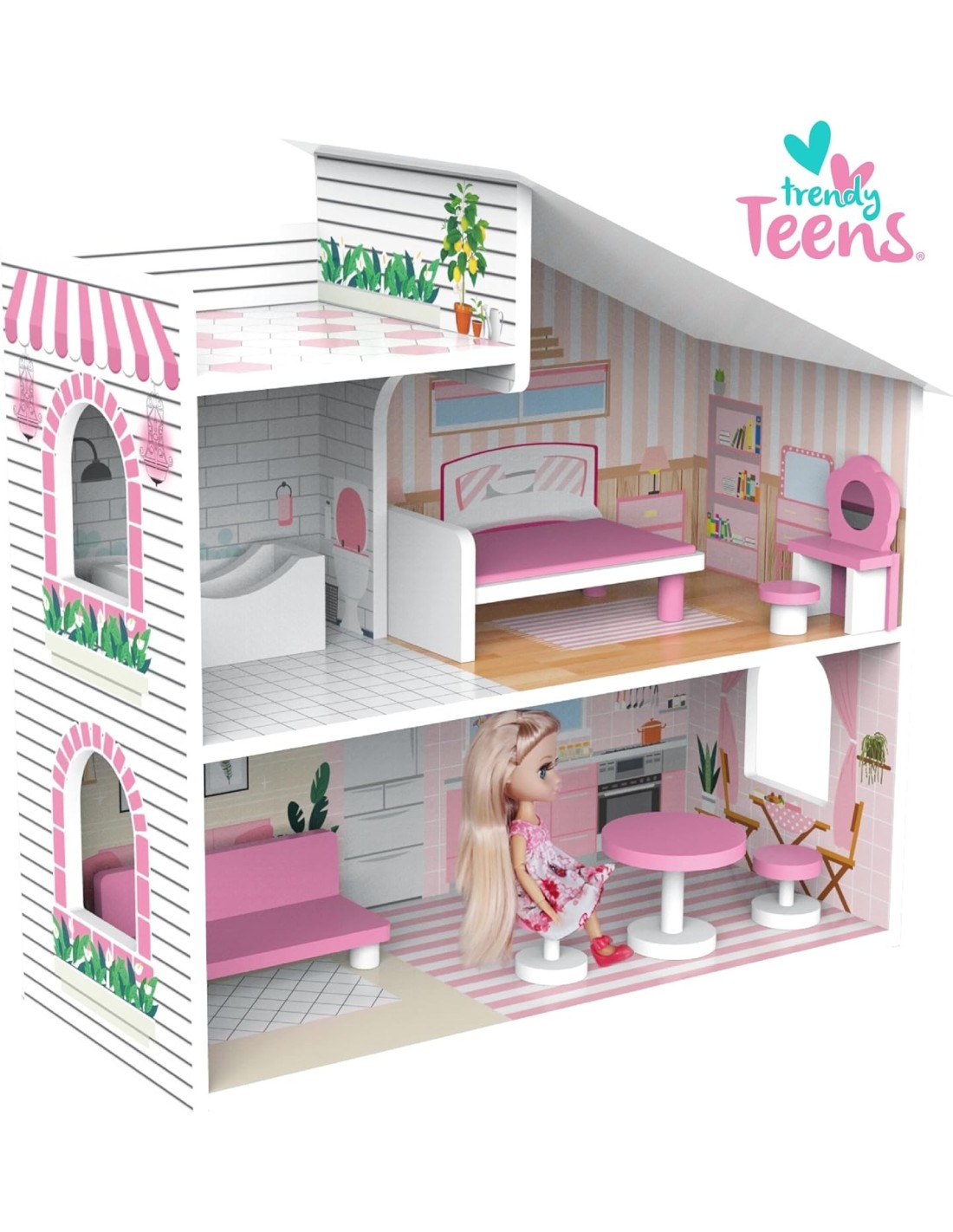 Trendy Teens Casa delle Bambole in Legno 2 Livelli con Accessori e Bambolina | Shop in Casa