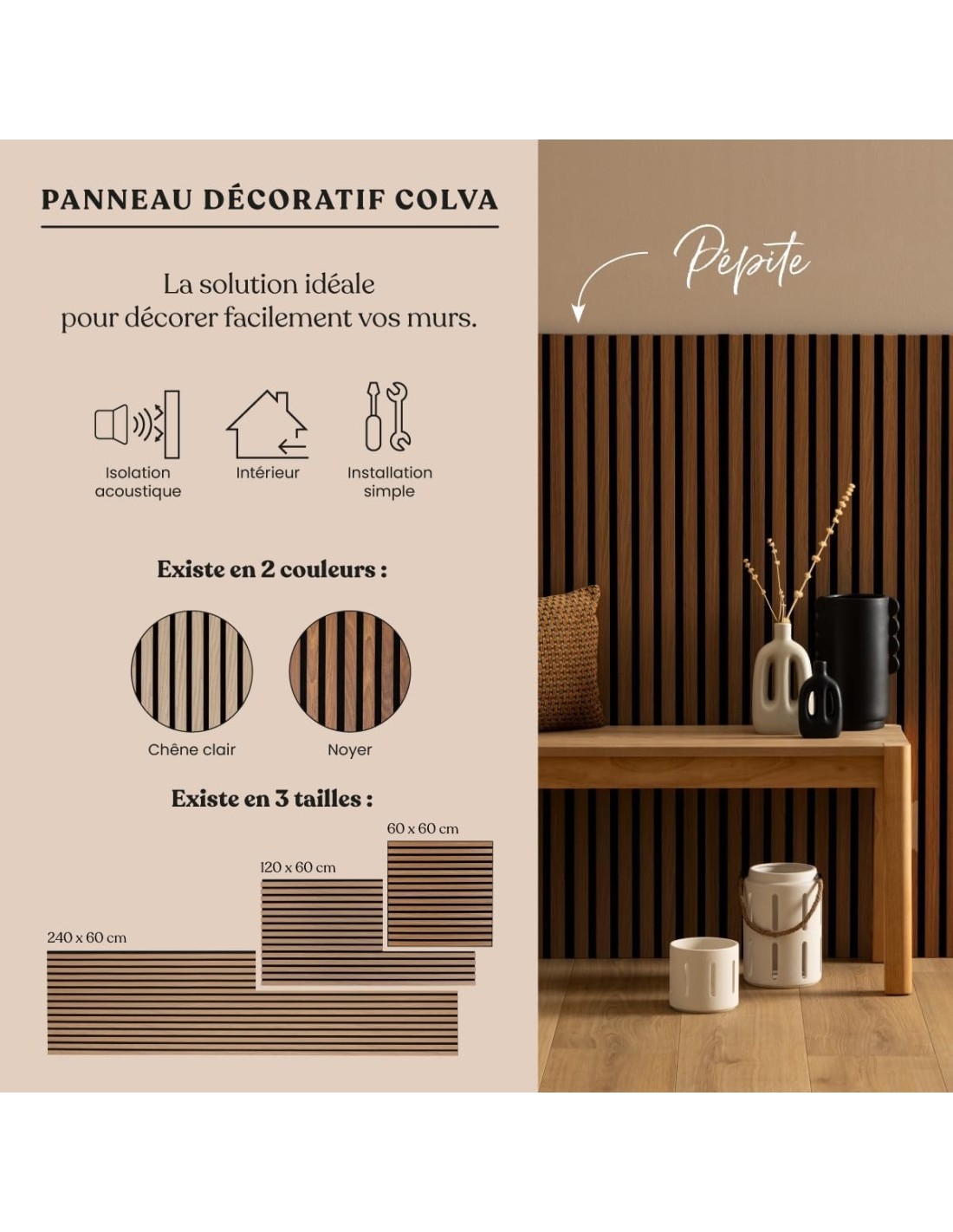 Atmosphera Pannello Decorativo Legno Colva 60x60 cm Noyer | shopincasa.it