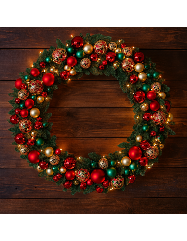 BOE E GHIRLANDE: vendita online CORONA di Natale 91CM con Sfere Rosso Oro e LED, Centro tavola e parete, La magia di Natale p...