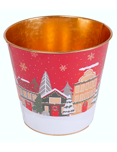 OGGETTISTICA NATALE: vendita online Decorazione cachepot di Natale rosso 18x17cm in metallo con paesaggio - La magia di Natal...