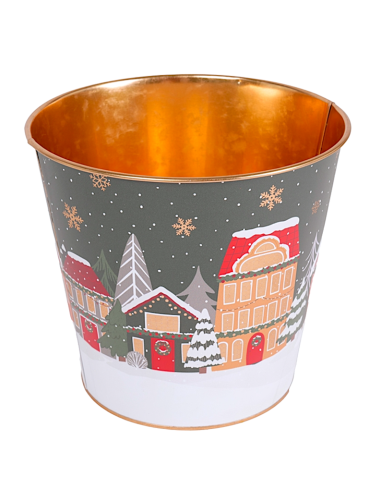 OGGETTISTICA NATALE: vendita online Decorazione cachepot di Natale verde 23x22cm in metallo con paesaggio - La magia di Natal...