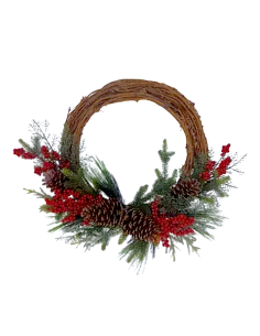 CORONA 092227 RATTAN 36X43CM PIGNE E BACCHE ROSSE