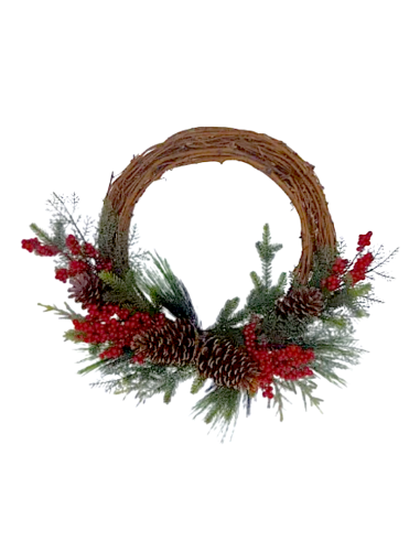 CORONA 092227 RATTAN 36X43CM PIGNE E BACCHE ROSSE
