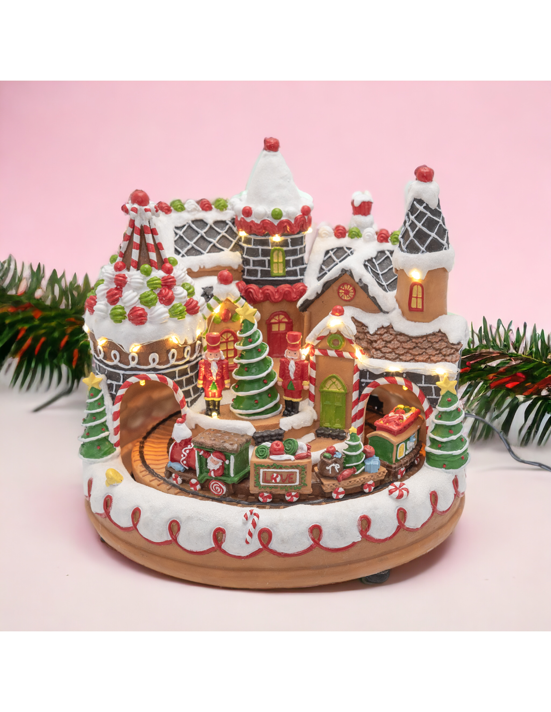 GIOSTRINE E VILLAGGI: vendita online Villaggio di Natale Candy Village 27x25cm, Trenino Rotante, LED Bianco Caldo, Trasformat...
