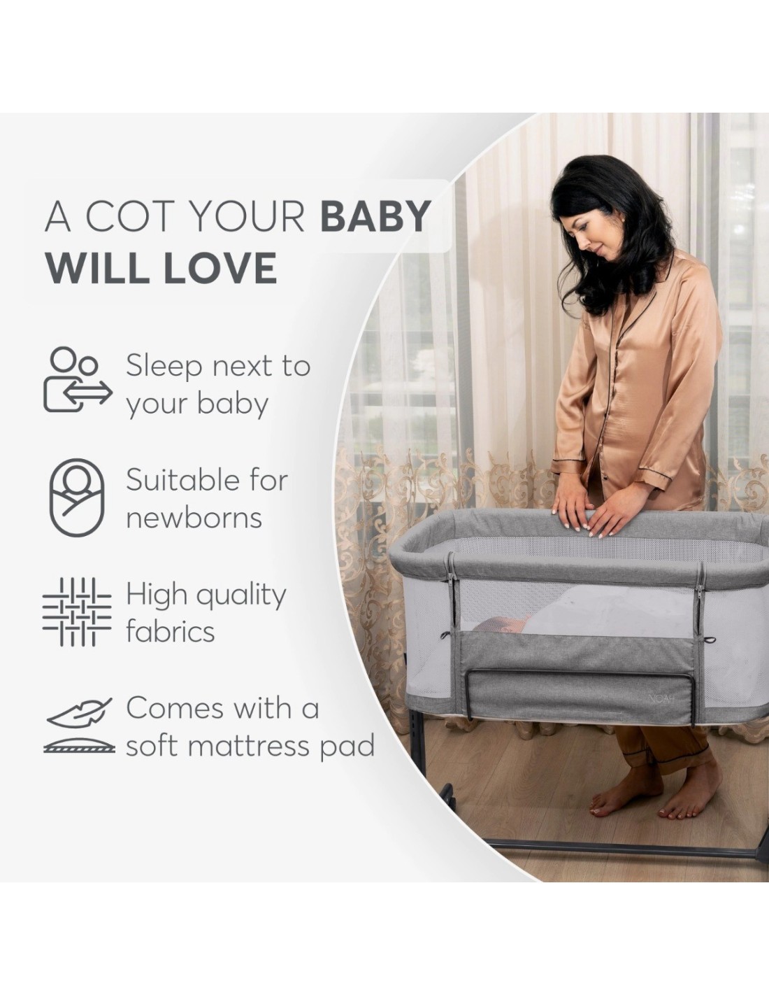 Culla Next to Me Noah Grigio Chiaro Regolabile | shopincasa.it