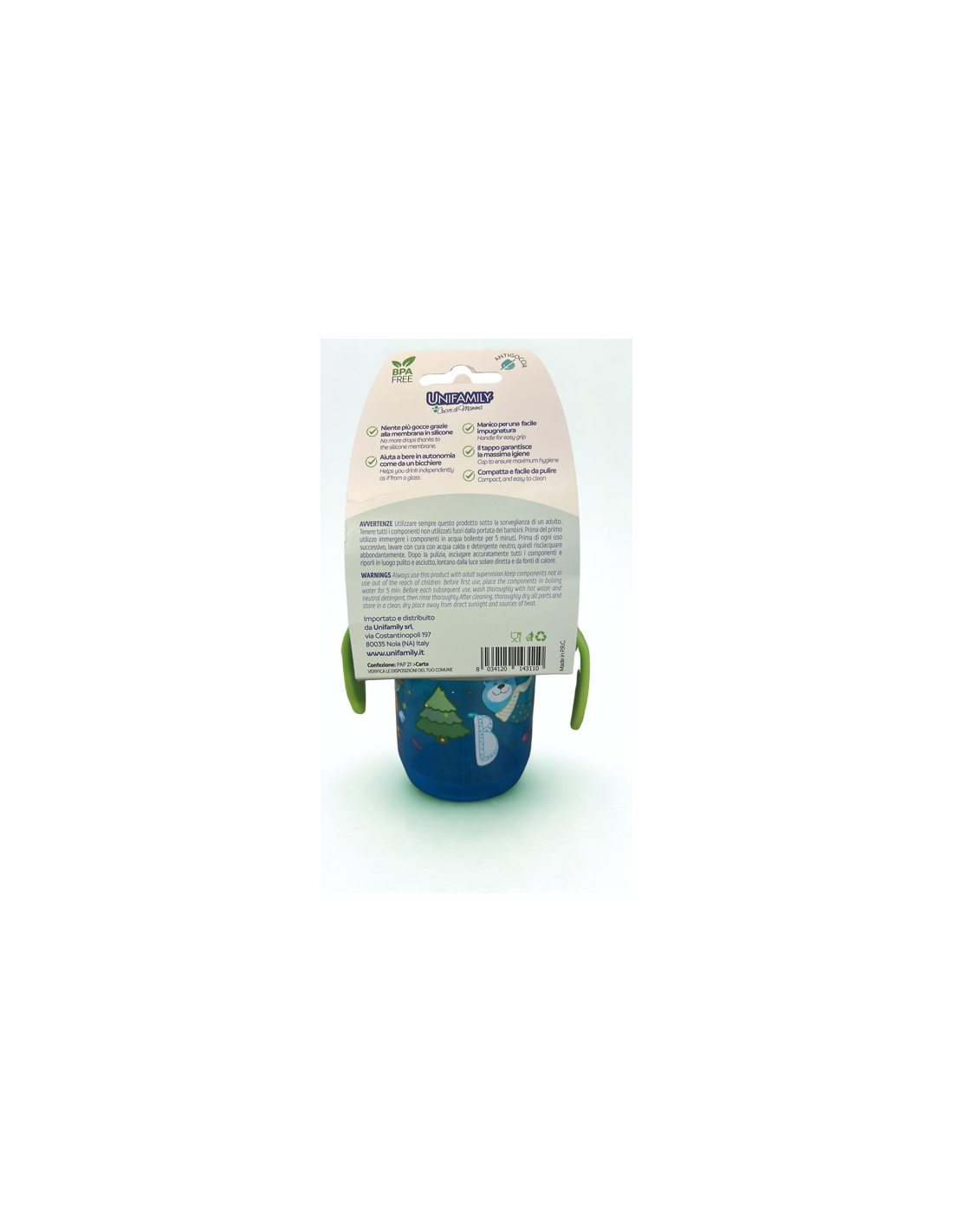 Tazza primi sorsi Unifamily 6M+ Boy Verde/Blu con membrana in silicone | shopincasa.it