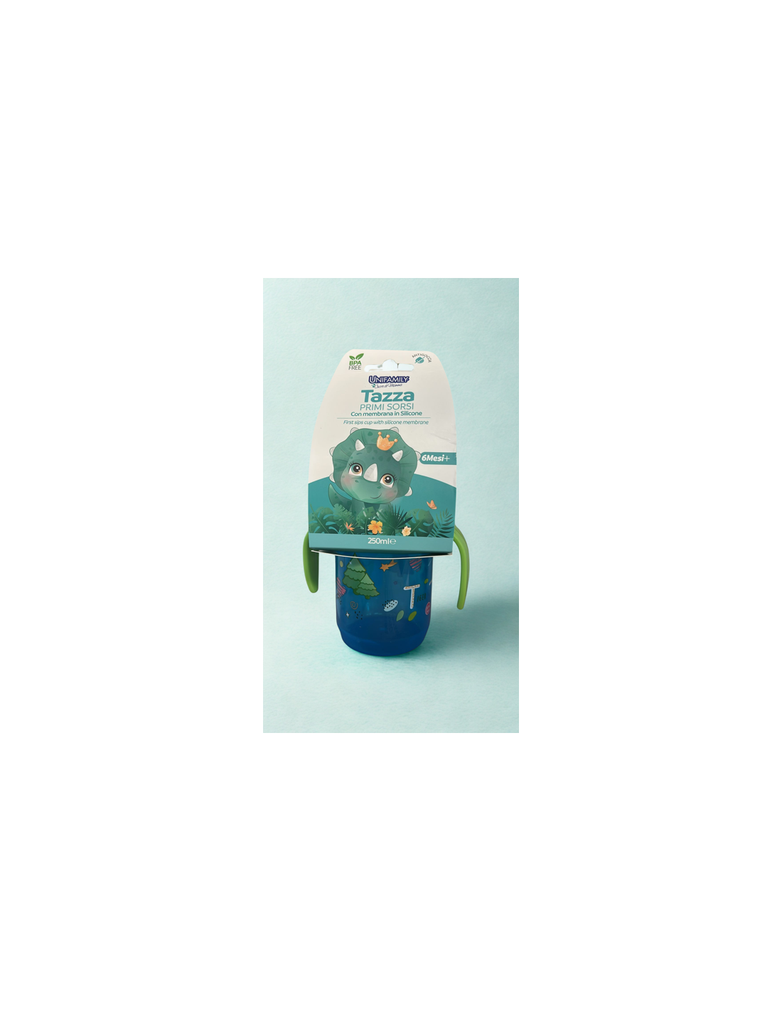 Tazza primi sorsi Unifamily 6M+ Boy Verde/Blu con membrana in silicone | shopincasa.it