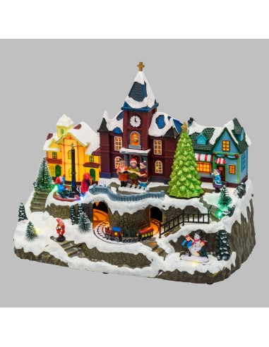 GIOSTRINE E VILLAGGI: vendita online Villaggio di Natale Innevato con Chiesa 34x27cm, Trenino e Giostra Rotanti, Albero Lumin...