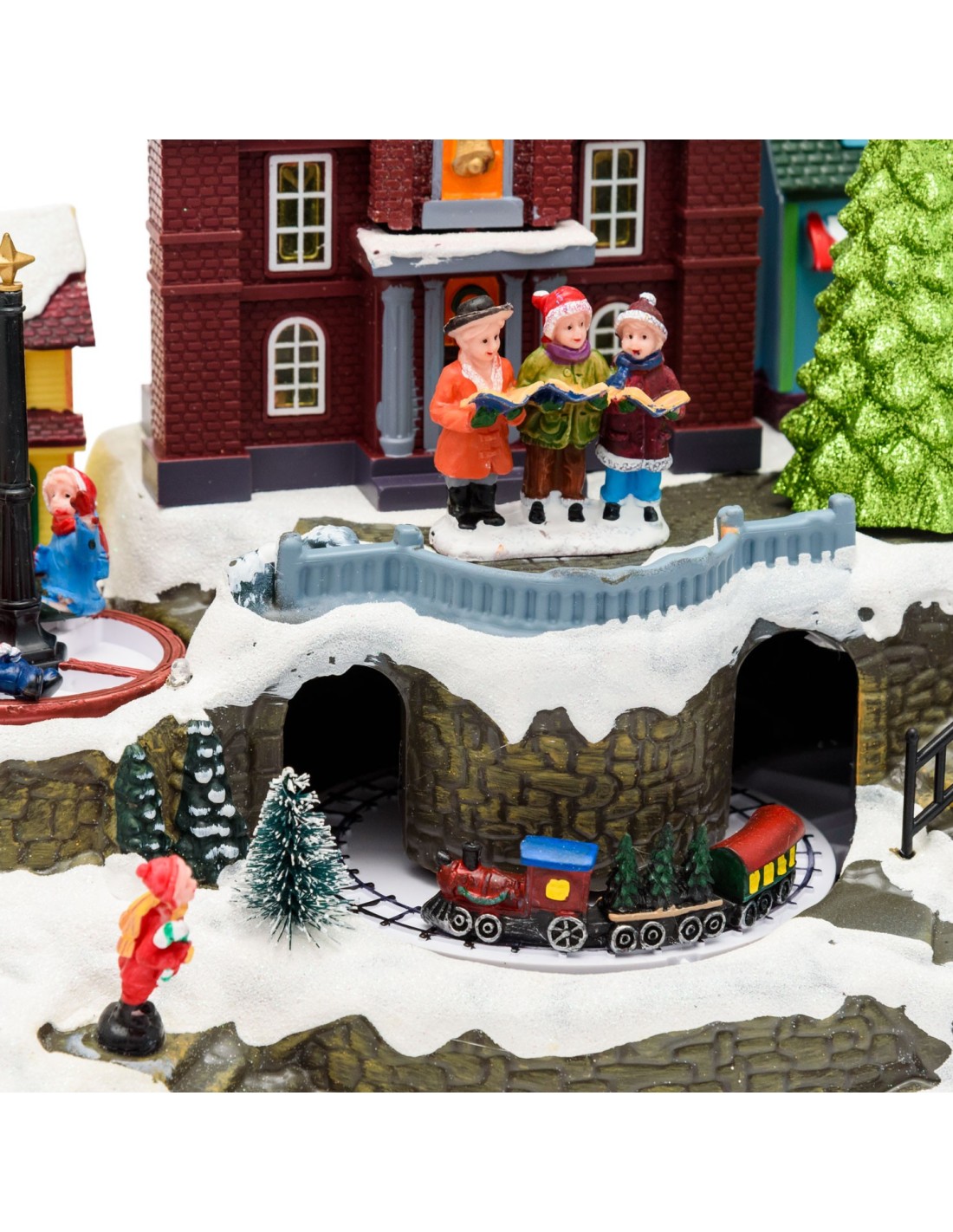 GIOSTRINE E VILLAGGI: vendita online Villaggio di Natale Innevato con Chiesa 34x27cm, Trenino e Giostra Rotanti, Albero Lumin...