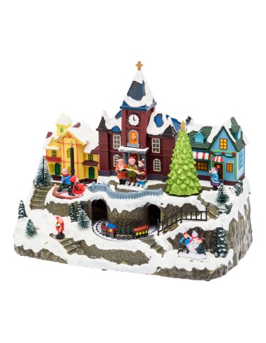 GIOSTRINE E VILLAGGI: vendita online Villaggio di Natale Innevato con Chiesa 34x27cm, Trenino e Giostra Rotanti, Albero Lumin...