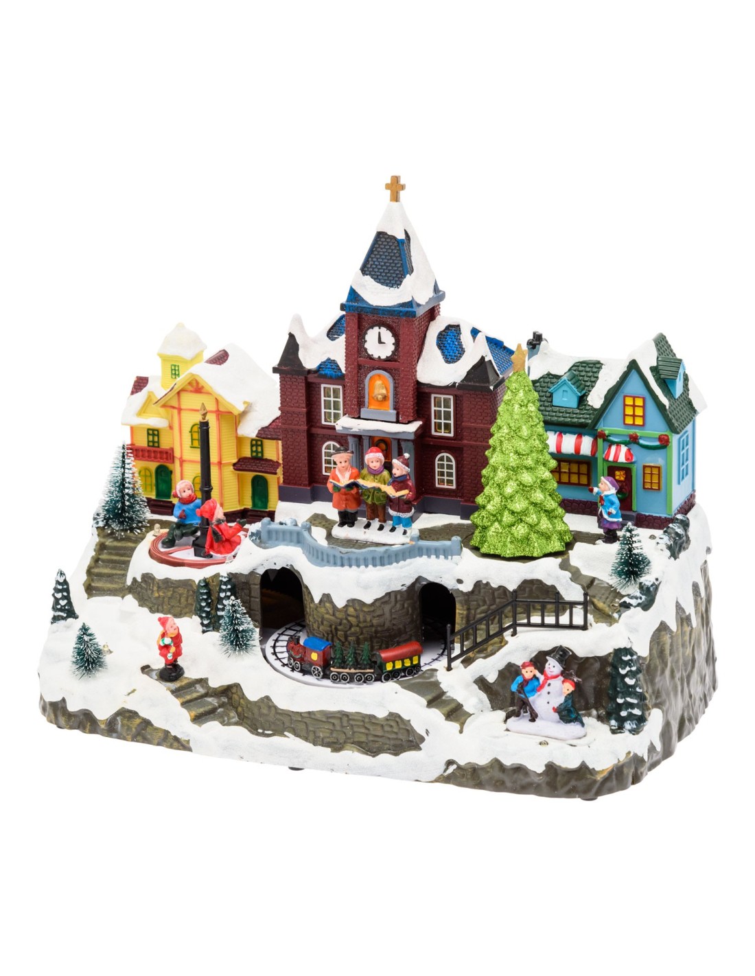 GIOSTRINE E VILLAGGI: vendita online Villaggio di Natale Innevato con Chiesa 34x27cm, Trenino e Giostra Rotanti, Albero Lumin...