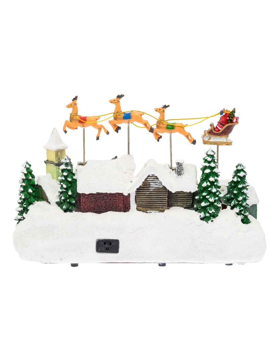GIOSTRINE E VILLAGGI: vendita online Villaggio di Natale Innevato con Chiesa 34x23cm, Babbo Natale su Slitta Volante, Renne i...