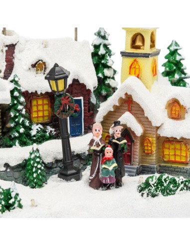 GIOSTRINE E VILLAGGI: vendita online Villaggio di Natale Innevato con Chiesa 34x23cm, Babbo Natale su Slitta Volante, Renne i...