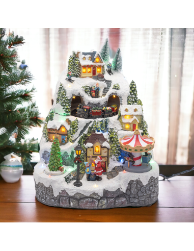 GIOSTRINE E VILLAGGI: vendita online Villaggio di Natale Paesaggio Innevato 28x31cm, Trenino Albero e Babbo Rotanti, LED Colo...