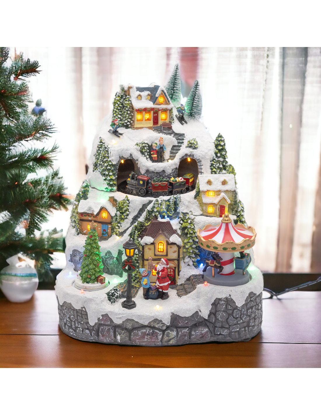 GIOSTRINE E VILLAGGI: vendita online Villaggio di Natale Paesaggio Innevato 28x31cm, Trenino Albero e Babbo Rotanti, LED Colo...