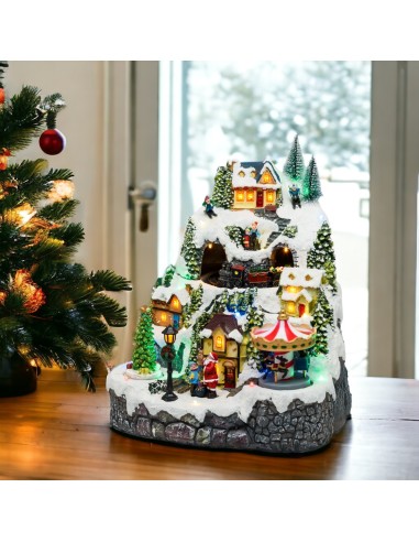 GIOSTRINE E VILLAGGI: vendita online Villaggio di Natale Paesaggio Innevato 28x31cm, Trenino Albero e Babbo Rotanti, LED Colo...
