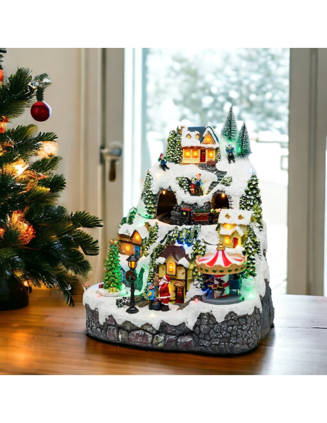 GIOSTRINE E VILLAGGI: vendita online Villaggio di Natale Paesaggio Innevato 28x31cm, Trenino Albero e Babbo Rotanti, LED Colo...