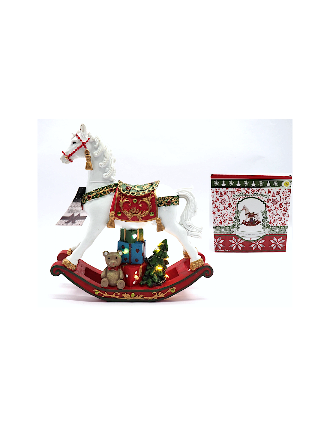 OGGETTISTICA NATALE: vendita online Cavallo con Albero in Poliresina 23x7x25,5cm con Luci LED, Statuetta Natalizia Elegante d...