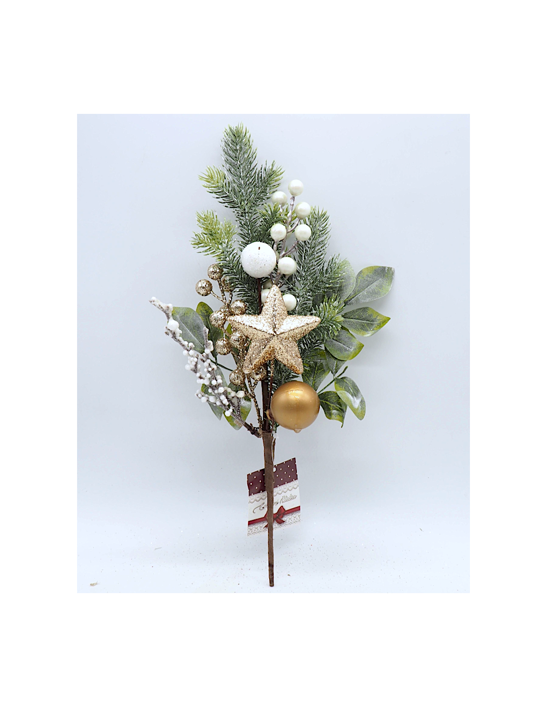 FIORI: vendita online Ramo di Natale Aghi e Bacche 37cm Bianco Oro, Decorazione Natalizia Elegante in offerta