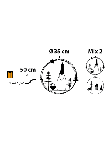 LUCI DI NATALE: vendita online Decorazione di Natale MPK Ring ø35cm, Mix2 Soggetti in Metallo Nero, MicroLED Bianco Caldo, Ti...