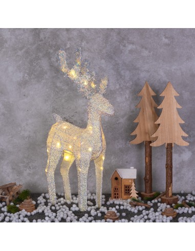 LUCI DI NATALE: vendita online Renna di Natale 3D H58cm, Tessuto Bianco Iridescente, 30 LED Bianco Caldo SuperBright, Timer 8...