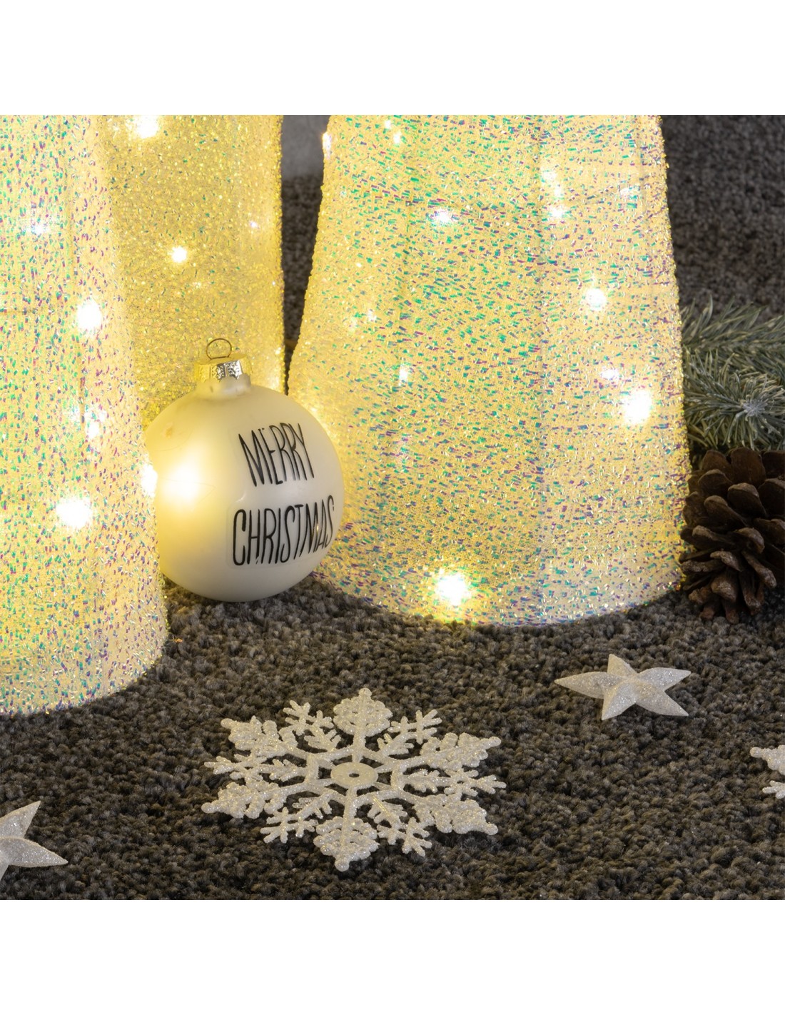 LUCI DI NATALE: vendita online Set 3 Coni di Natale IWR 3D H80-60-40cm, Tessuto Bianco Iridescente, 120 LED Bianco Caldo, Tim...
