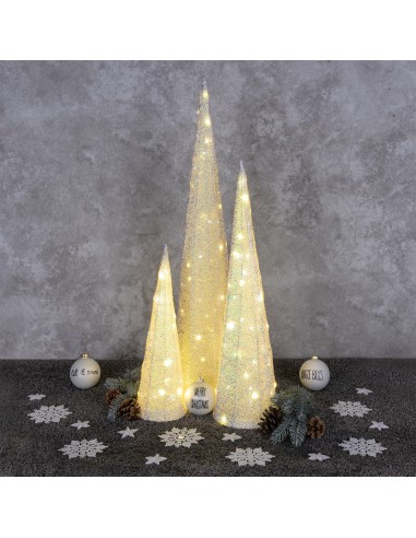 LUCI DI NATALE: vendita online Set 3 Coni di Natale IWR 3D H80-60-40cm, Tessuto Bianco Iridescente, 120 LED Bianco Caldo, Tim...