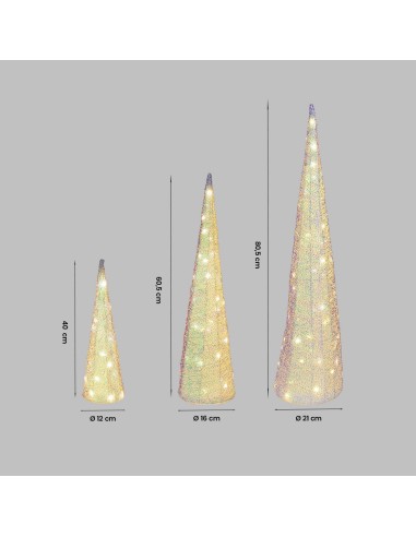LUCI DI NATALE: vendita online Set 3 Coni di Natale IWR 3D H80-60-40cm, Tessuto Bianco Iridescente, 120 LED Bianco Caldo, Tim...