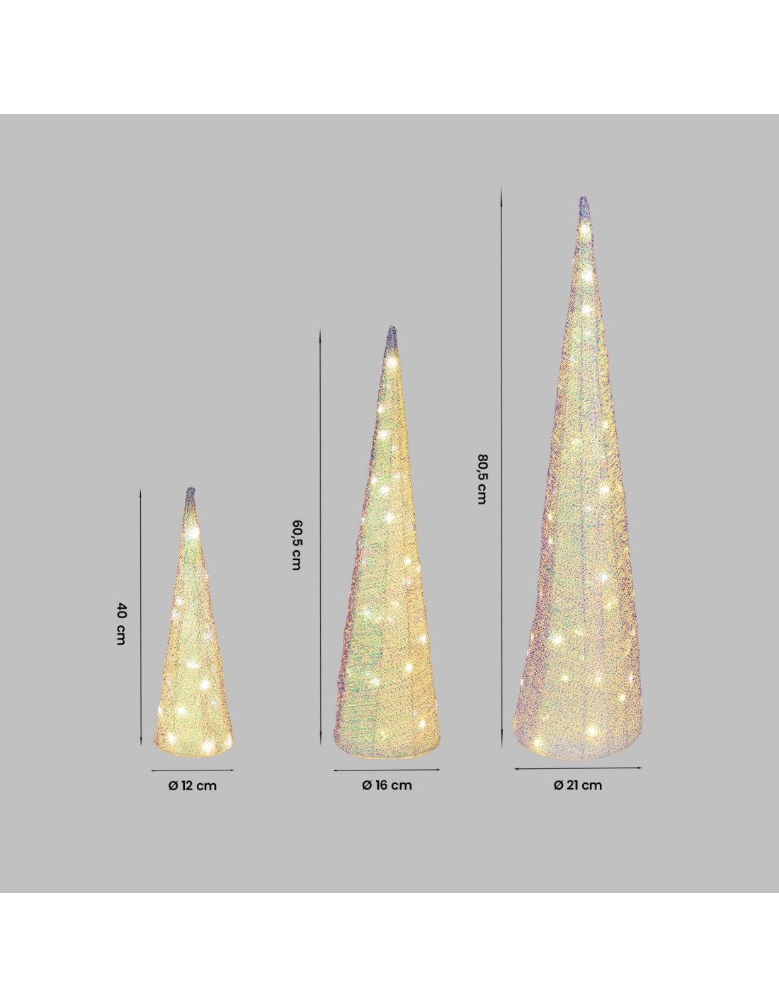 LUCI DI NATALE: vendita online Set 3 Coni di Natale IWR 3D H80-60-40cm, Tessuto Bianco Iridescente, 120 LED Bianco Caldo, Tim...