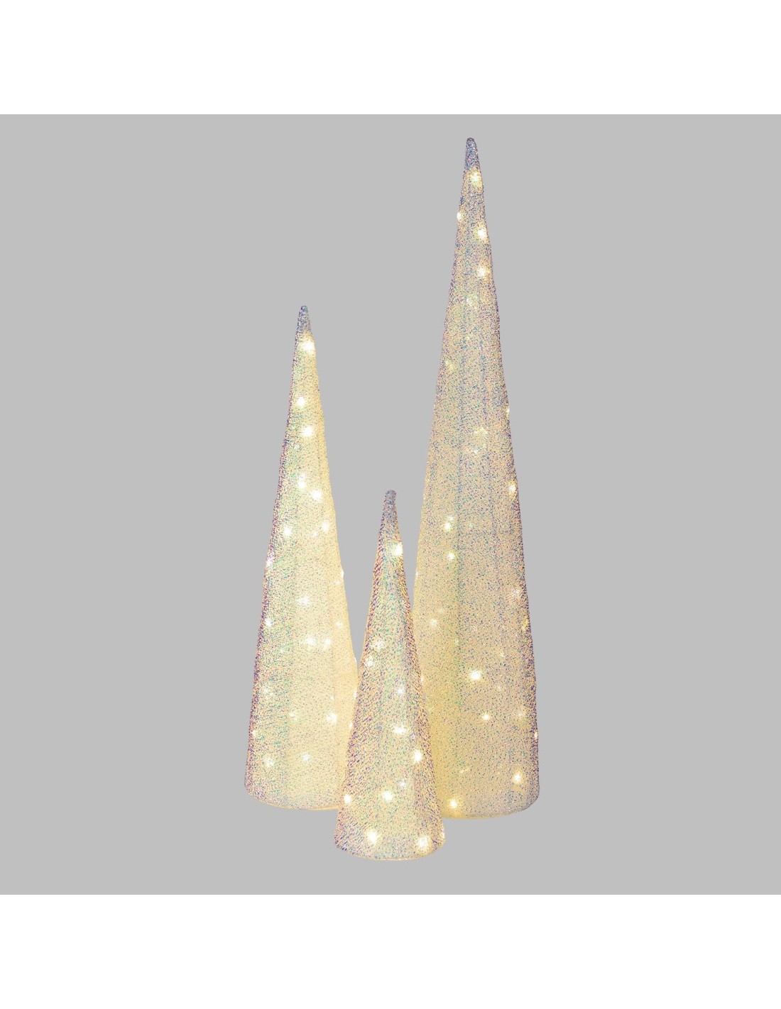 LUCI DI NATALE: vendita online Set 3 Coni di Natale IWR 3D H80-60-40cm, Tessuto Bianco Iridescente, 120 LED Bianco Caldo, Tim...