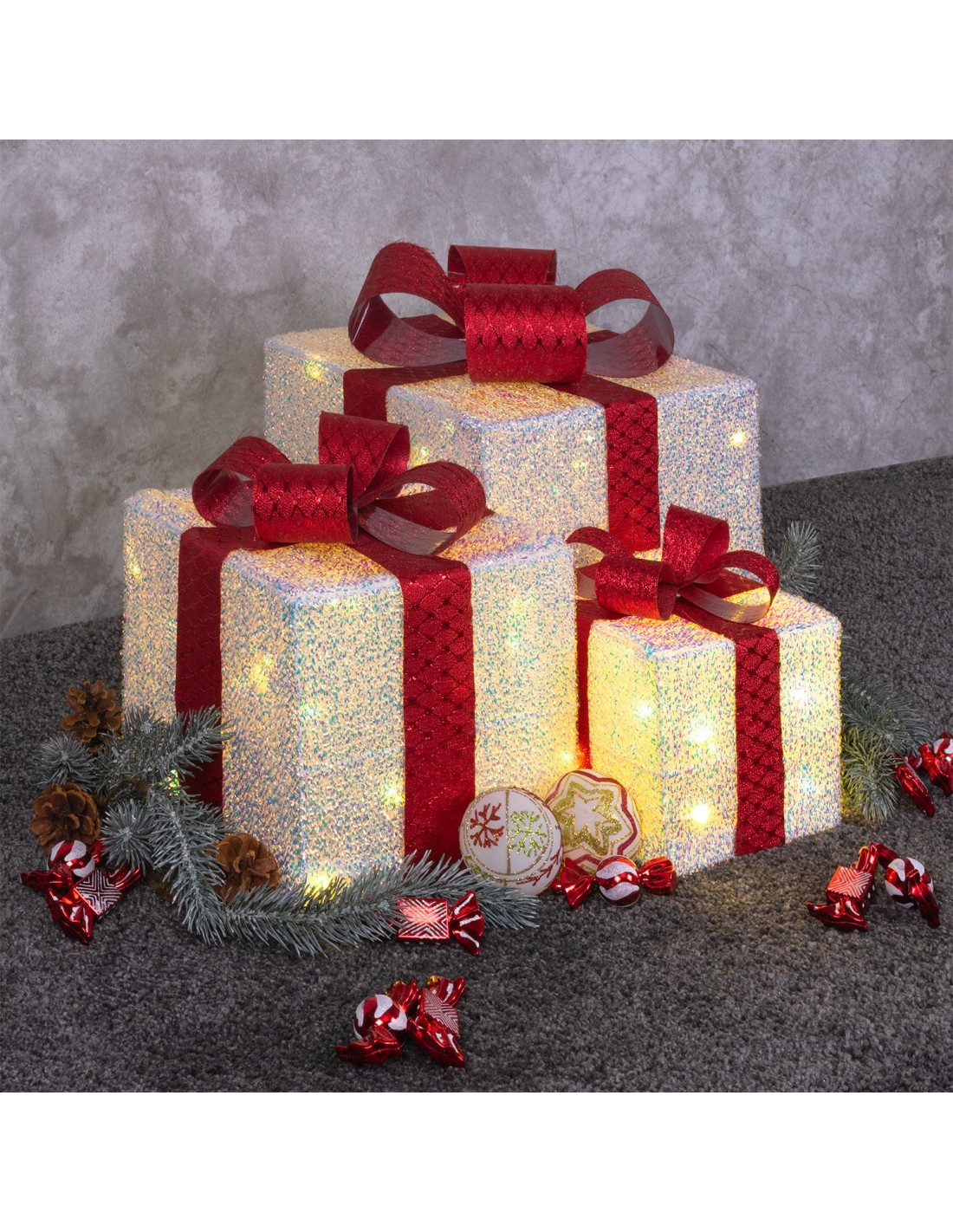 LUCI DI NATALE: vendita online Set 3 Pacchi Regalo di Natale IWR 3D 25-20-15cm, Tessuto Bianco Iridescente, 60 LED Bianco Cal...