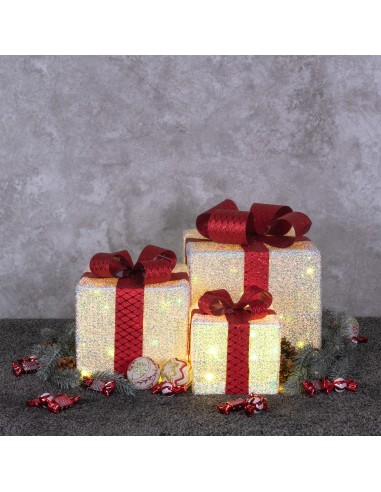 LUCI DI NATALE: vendita online Set 3 Pacchi Regalo di Natale IWR 3D 25-20-15cm, Tessuto Bianco Iridescente, 60 LED Bianco Cal...
