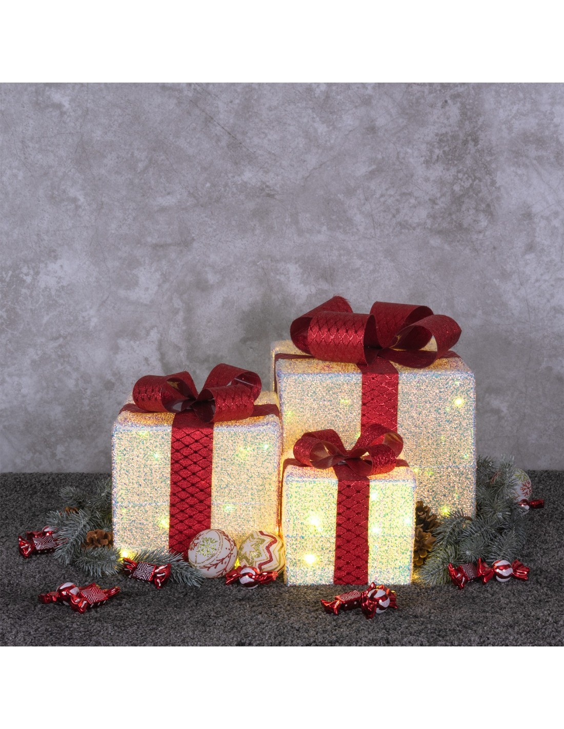 LUCI DI NATALE: vendita online Set 3 Pacchi Regalo di Natale IWR 3D 25-20-15cm, Tessuto Bianco Iridescente, 60 LED Bianco Cal...