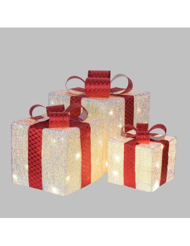 LUCI DI NATALE: vendita online Set 3 Pacchi Regalo di Natale IWR 3D 25-20-15cm, Tessuto Bianco Iridescente, 60 LED Bianco Cal...
