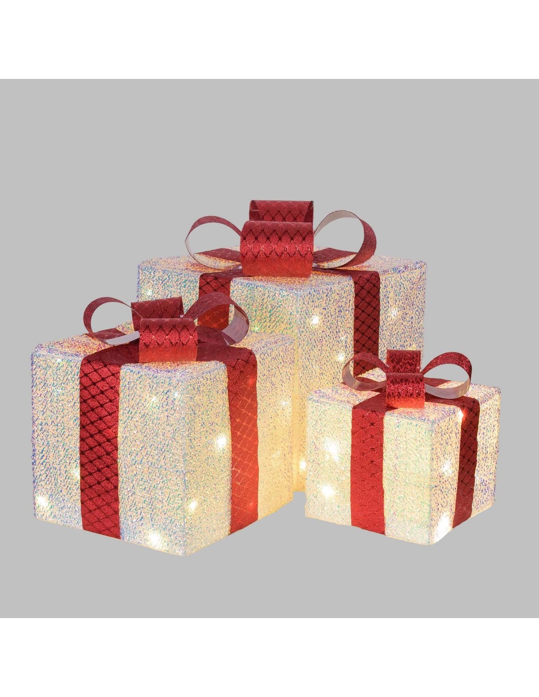 LUCI DI NATALE: vendita online Set 3 Pacchi Regalo di Natale IWR 3D 25-20-15cm, Tessuto Bianco Iridescente, 60 LED Bianco Cal...