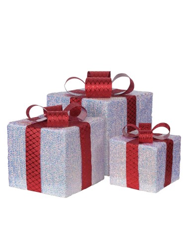 LUCI DI NATALE: vendita online Set 3 Pacchi Regalo di Natale IWR 3D 25-20-15cm, Tessuto Bianco Iridescente, 60 LED Bianco Cal...