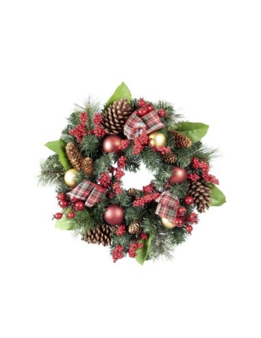 BOE E GHIRLANDE: vendita online Corona Natale 45cm con Pigne, Sfere, Bacche Rosse e Nastro Scozzese Flora in offerta