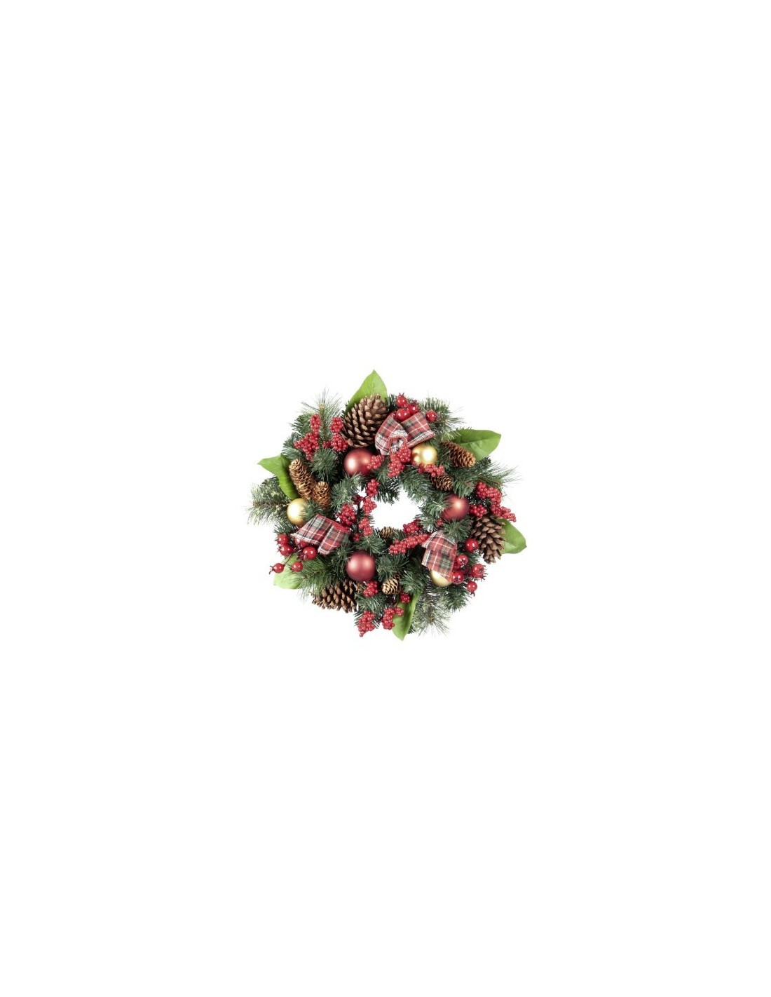 BOE E GHIRLANDE: vendita online Corona Natale 45cm con Pigne, Sfere, Bacche Rosse e Nastro Scozzese Flora in offerta